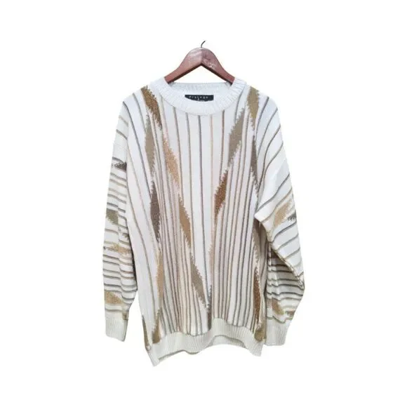 Vintage 80's Protegé Collection Men Sweater XL Cream Brown 3D Geometric Striped